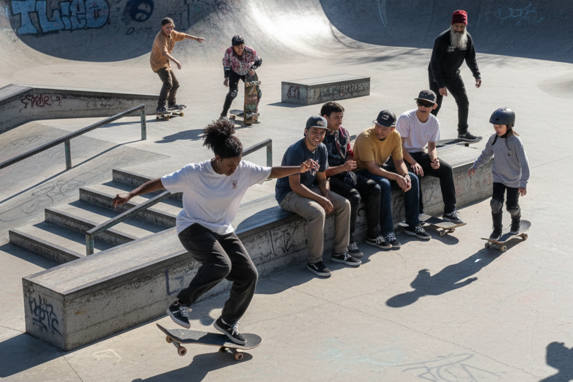 diverse group of skateboarders at the park together